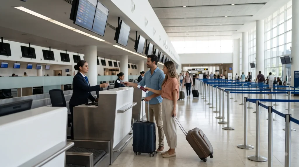 Transporte privado desde el aeropuerto de Cancún hasta Akumal 2 Una pareja con maletas entregándole los pasaportes a un agente en un mostrador de facturación muy luminoso del aeropuerto