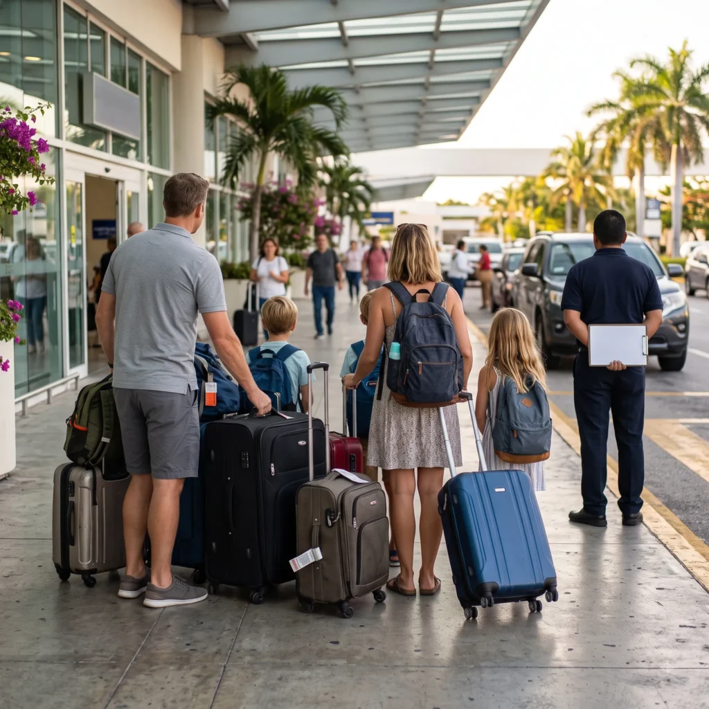 Una familia con maletas y mochilas en la acera de un aeropuerto, a la que recibe el conductor de un servicio de traslado privado